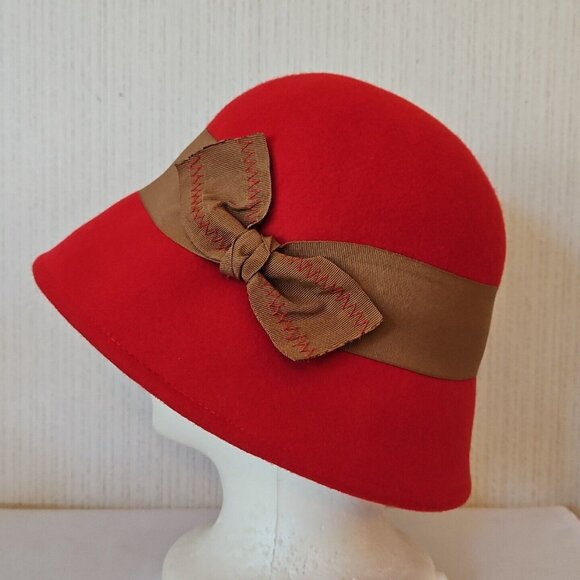 Peter Grimm Wool Cloche Hat Red Womens One Size Grosgrain Bow Wide Brim Hat Band - Picture 1 of 11